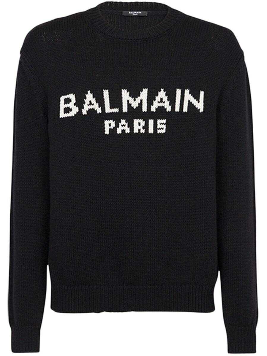 Balmain Balmain Man\'s Black Merino Wool Crew neck Sweater with Logo Black