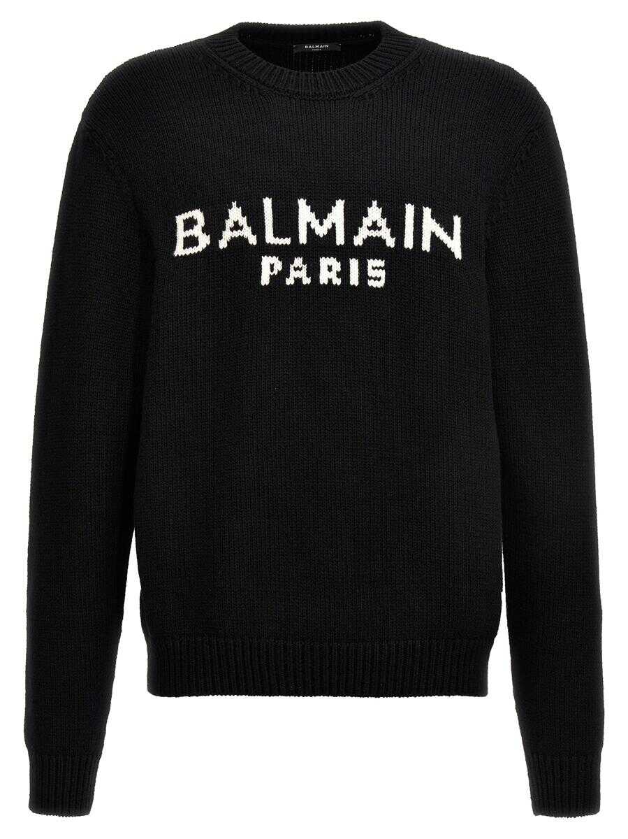 Balmain Balmain Man\'s Black Merino Wool Crew neck Sweater with Logo White/Black