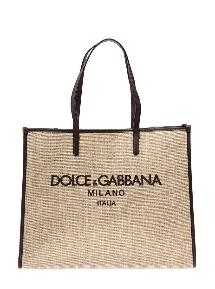 Dolce & Gabbana Beige Structured Shopper with Embroidered Logo in Cotton Blend Woman Beige