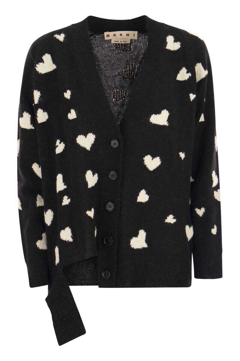 Marni MARNI Long wool cardigan with Bunch of Hearts motif BLACK