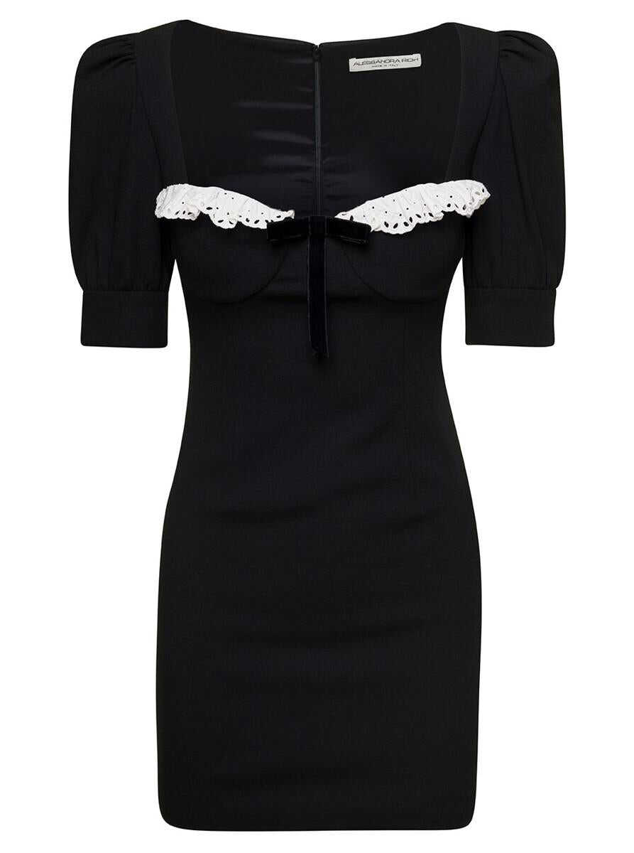 Alessandra Rich Black Mini Dress with Lace Detail on the Front in Wool Woman Black