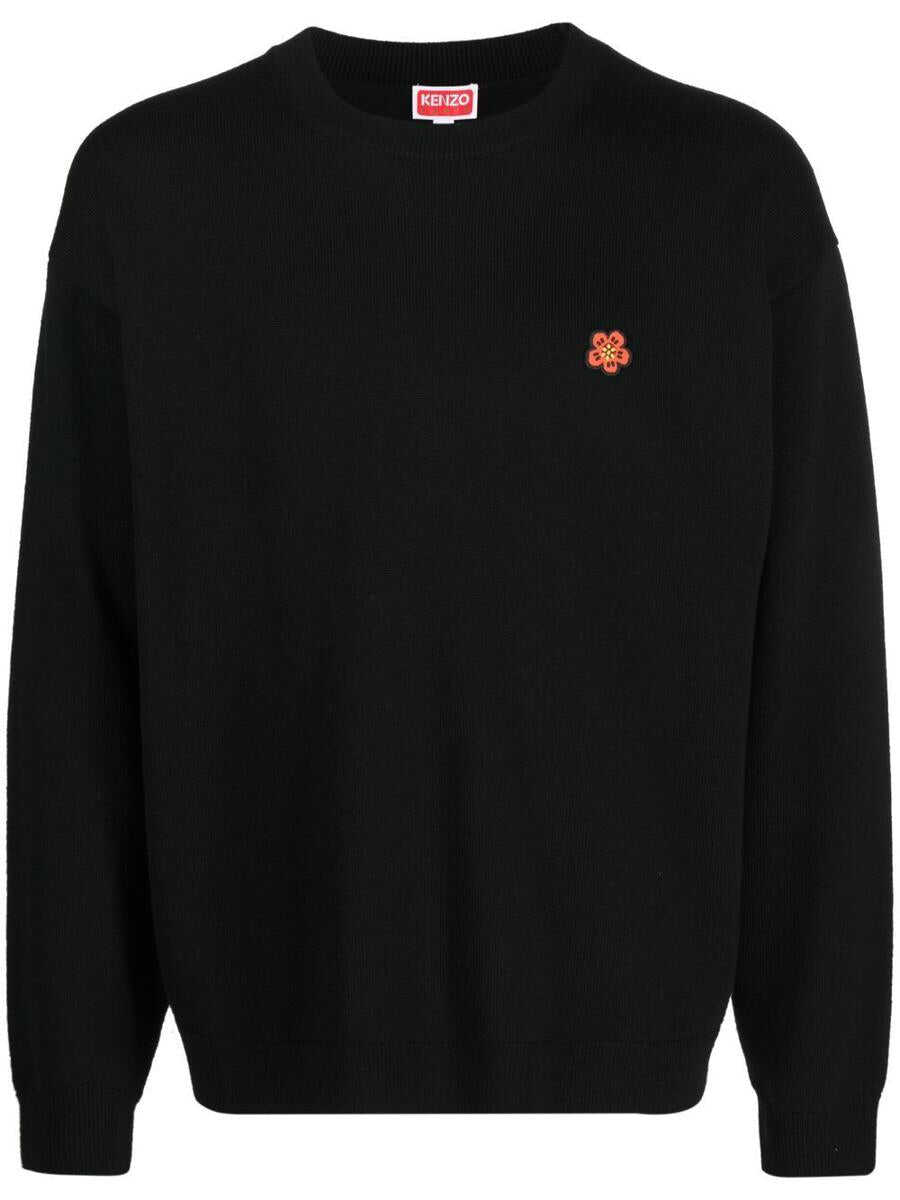 Kenzo Black Knit Jumper with Boke Flower Logo Patch on the Chest in Wool Man Black
