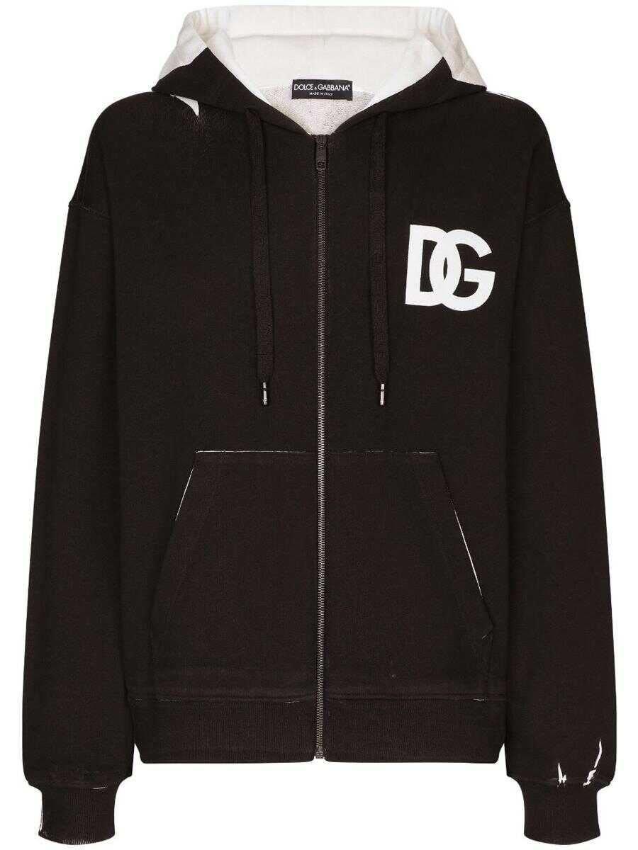 Dolce & Gabbana DOLCE & GABBANA Logo cotton zipped hoodie Black