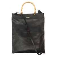 Genti de mana Black Tote Bag With Bamboo Handles In Leather Woman Femei