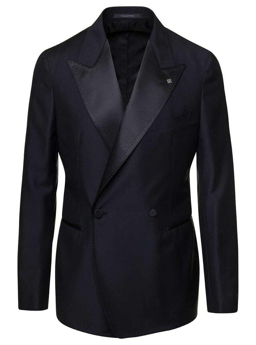 Tagliatore Black Double-Breasted Jacket with Wide Satin Revers and Logo Charm in Wool Man BLACK
