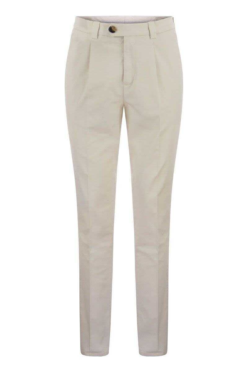 Brunello Cucinelli BRUNELLO CUCINELLI Garment-dyed Leisure Fit Trousers in American Pima Comfort Cotton with Pleats WHITE