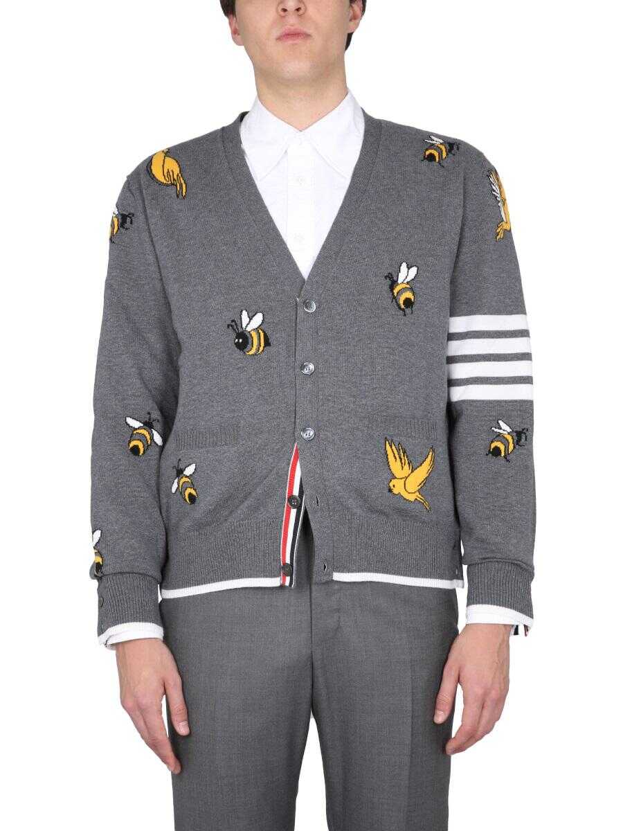 Thom Browne THOM BROWNE CARDIGAN WITH BIRDS AND BEES INLAYS GREY