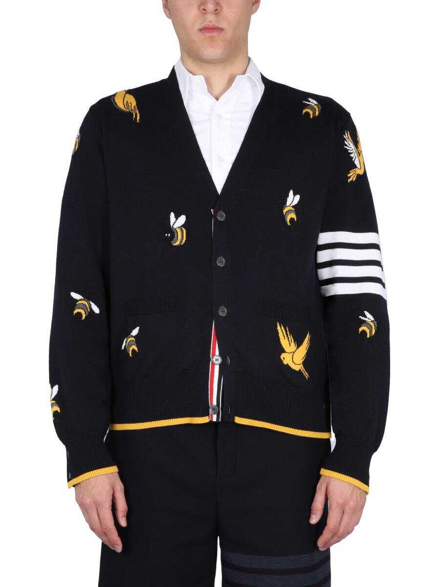 Thom Browne THOM BROWNE CARDIGAN WITH BIRDS AND BEES INLAYS BLUE