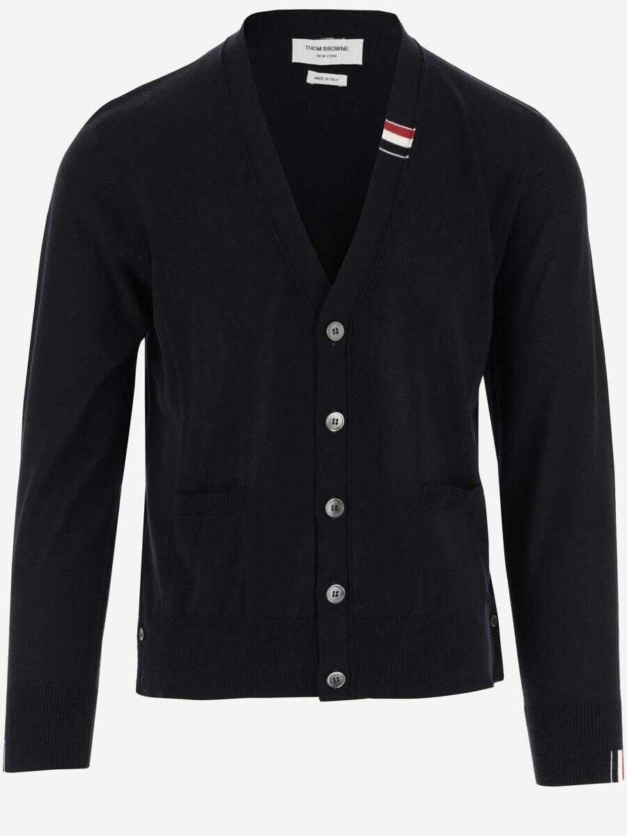 Thom Browne Overisze Black Cardigan with Tricolor Band in Wool Blend Man BLU