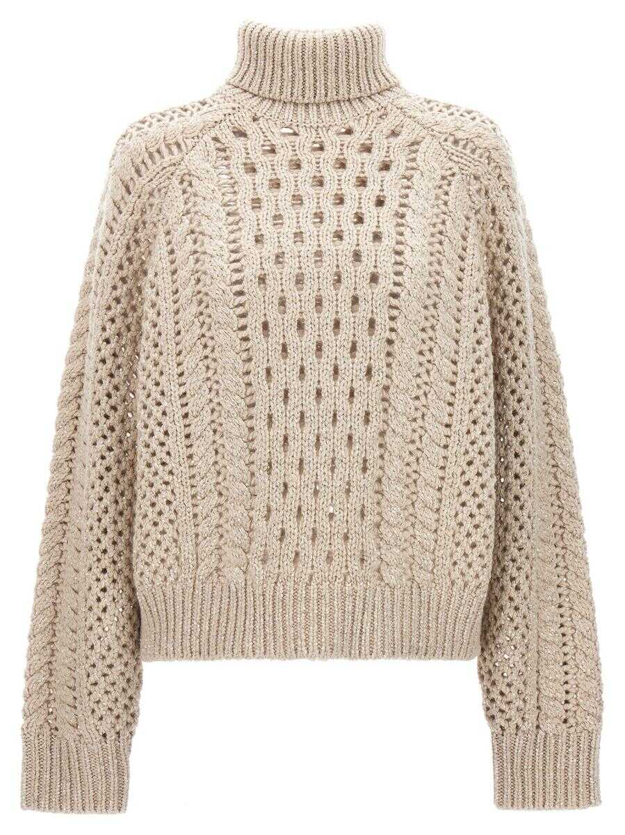 Brunello Cucinelli Pink Knitted Turtle Neck with Pailletes in Cashmere Blend Woman Beige