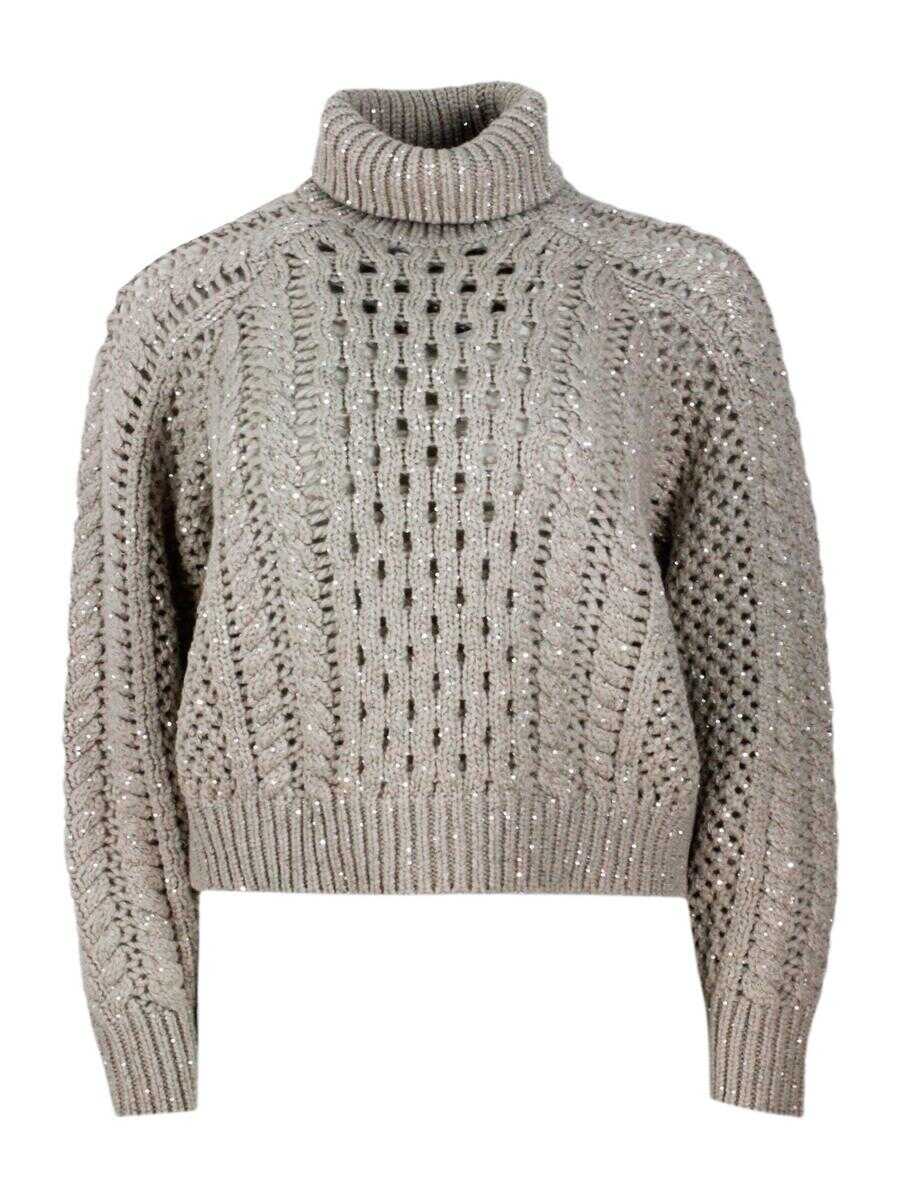Brunello Cucinelli Pink Knitted Turtle Neck with Pailletes in Cashmere Blend Woman Brown