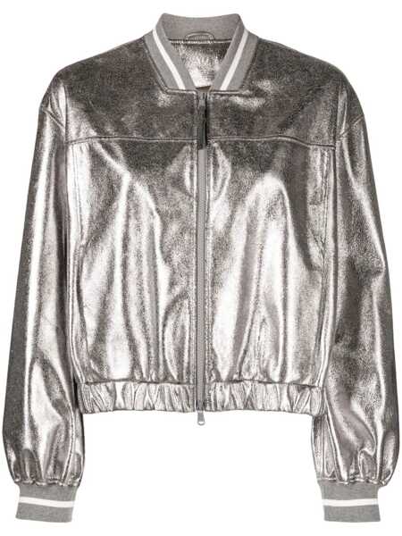 Geci Brunello Cucinelli Brunello Cucinelli Laminated Leather Bomber Jacket SILVER Femei (BM 10487540) 1
