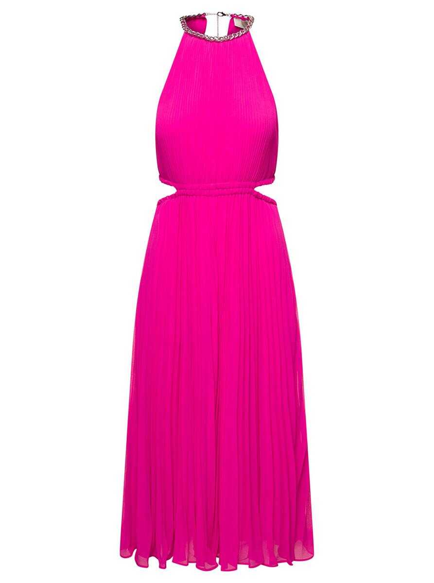Michael Kors Midi Fucshia Pleated Dress with Chain and Cut-Out Detail in Recycled Polyester Blend Woman Fuxia