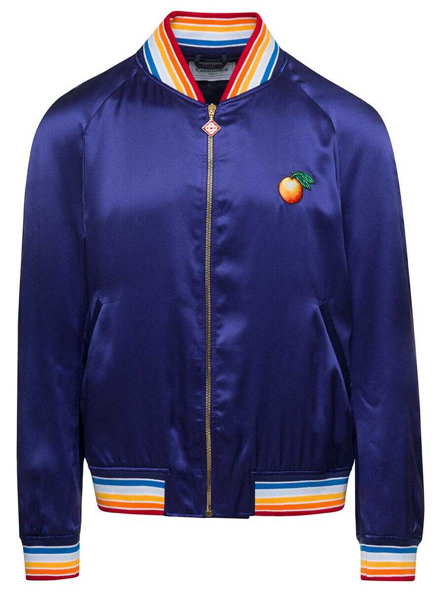 Casablanca \'Casa Talisman\' Blue Bomber Jacket with Logo Patch and Striped Trim in Viscose Man BLU