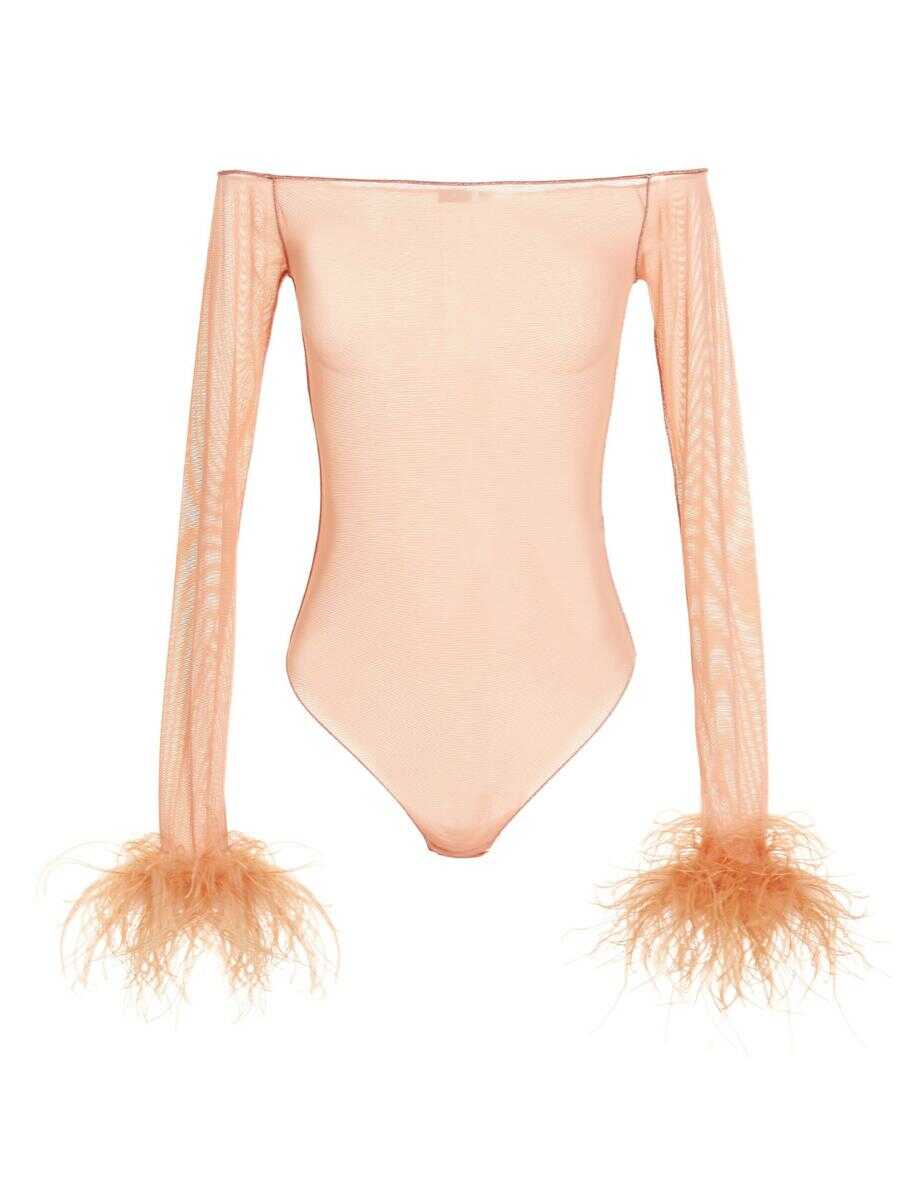 OSEREE OSÉREE Feather transparent mesh bodysuit Pink