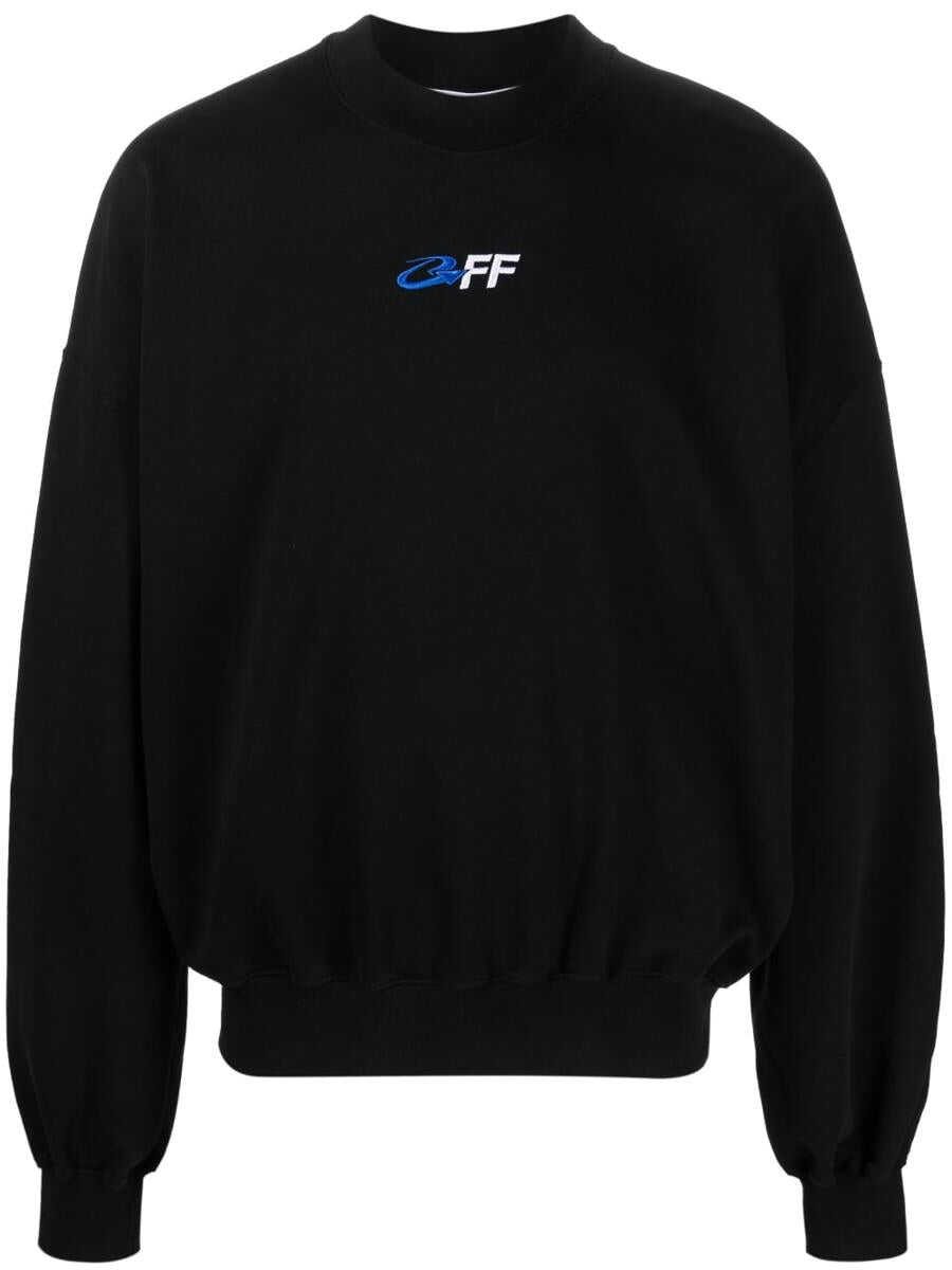 Off-White Crewneck Sweatshirt with Embroidered Logo and Rear Print in Black Cotton Man Black