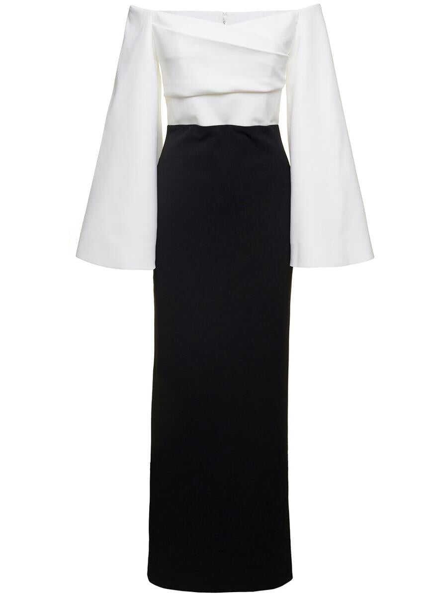 SOLACE LONDON Eliana Off-Shoulder Maxi Dress in Black and White Satin White/black