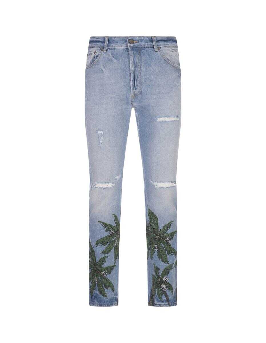 Palm Angels PALM ANGELS SLIM JEANS WITH PALM TREE PRINT Blue