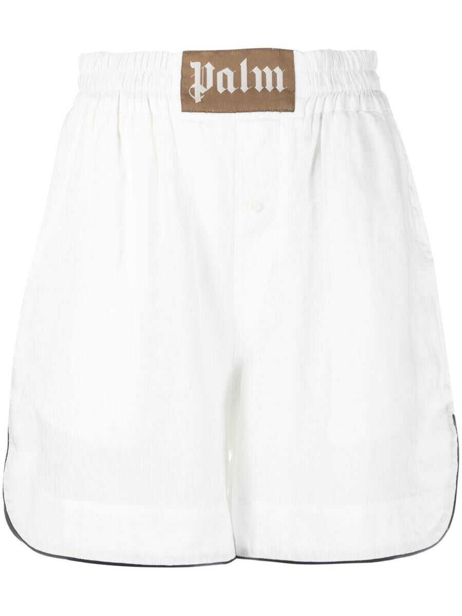Palm Angels PALM ANGELS logo-patch linen shorts OFF WHITE BEIGE