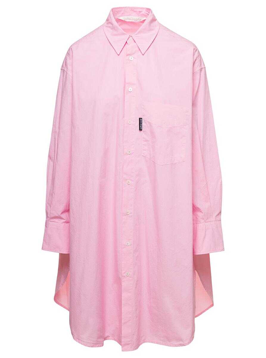 Palm Angels Mini Pink Shirt Dress with Contrasting Logo Print at the Back in Cotton Woman Pink