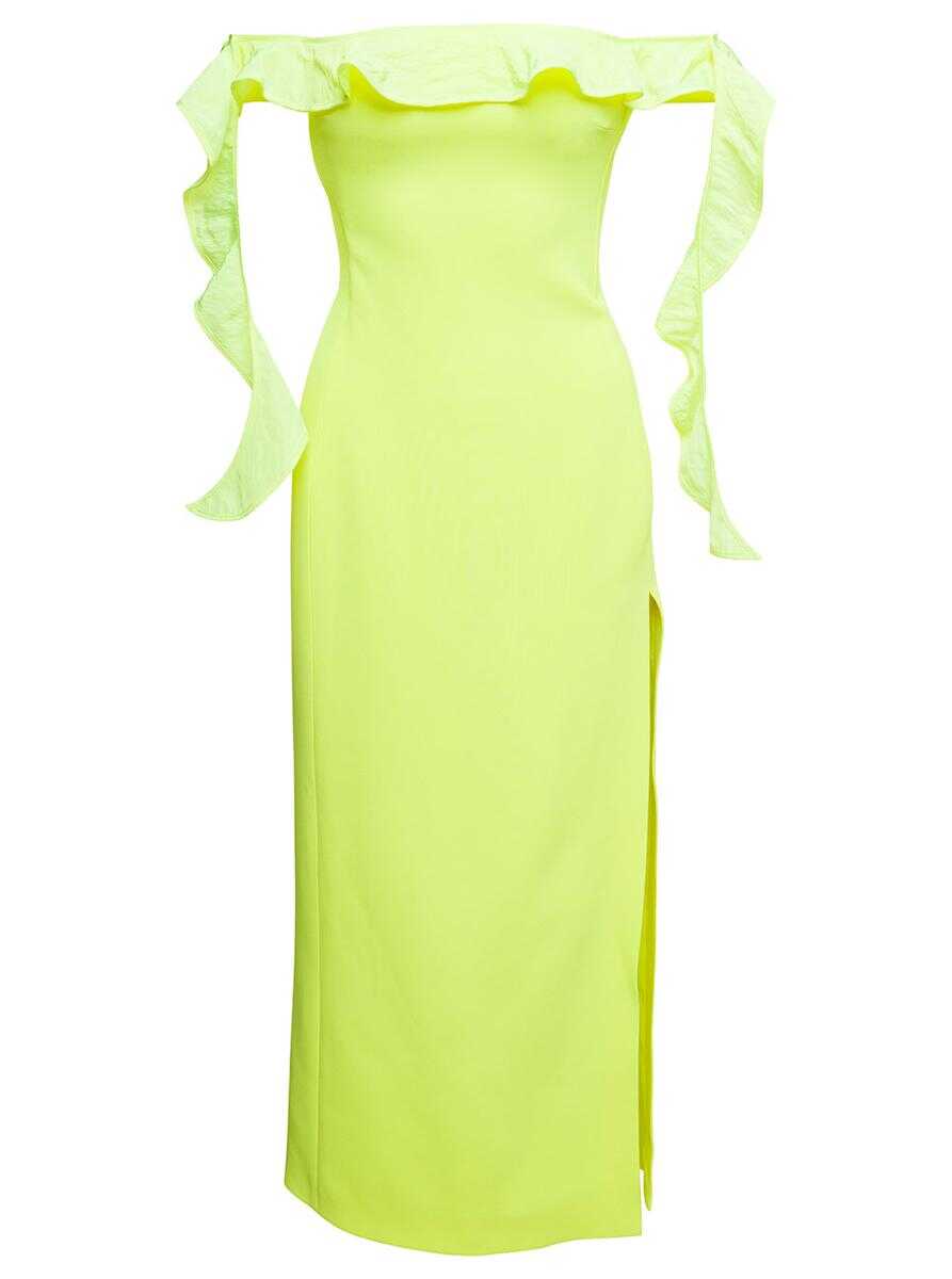 DAVID KOMA Yellow Long Off-Shoulder Dress with Ruches Detail in Acetate Woman Yellow