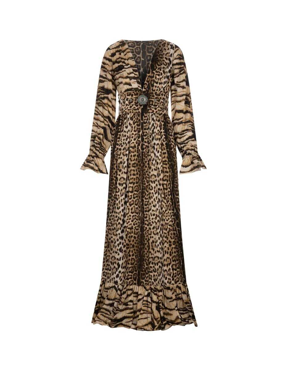 Roberto Cavalli ROBERTO CAVALLI Leopard Print Long Dress With Jewel Detail Brown