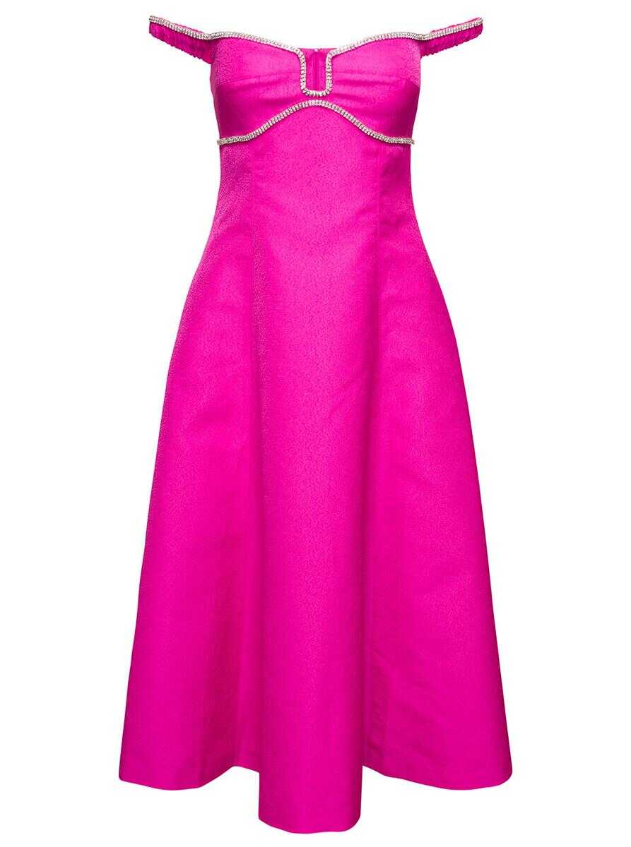 Self-Portrait Off-Shoulder Flared Midi Dress with Crystal Embellished Detailing in Pink Satin Woman Fuxia