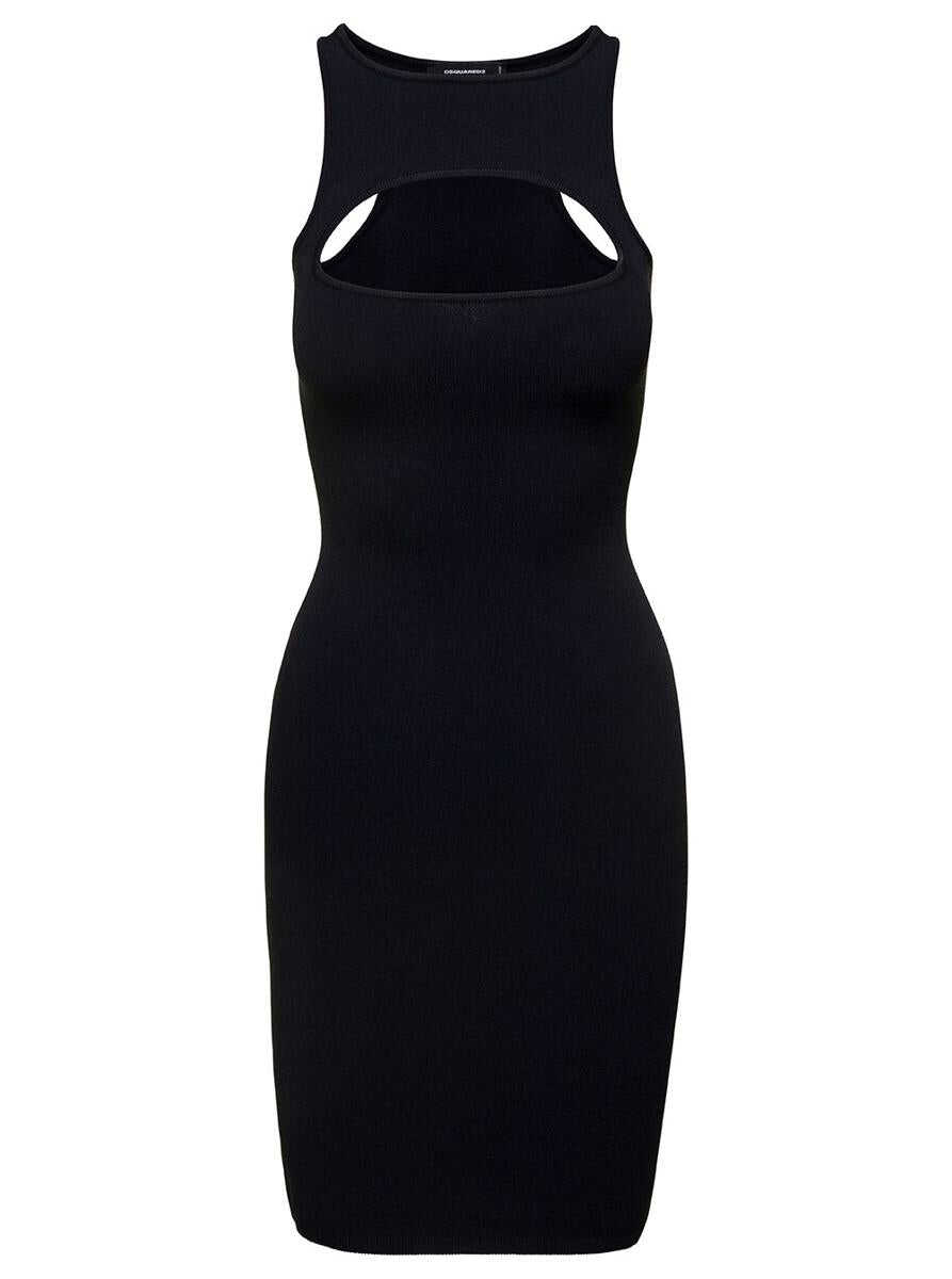 DSQUARED2 Mini Black Sleeveless Ribbed Dress with Cut-Out Detail in Viscose Blend Woman Black