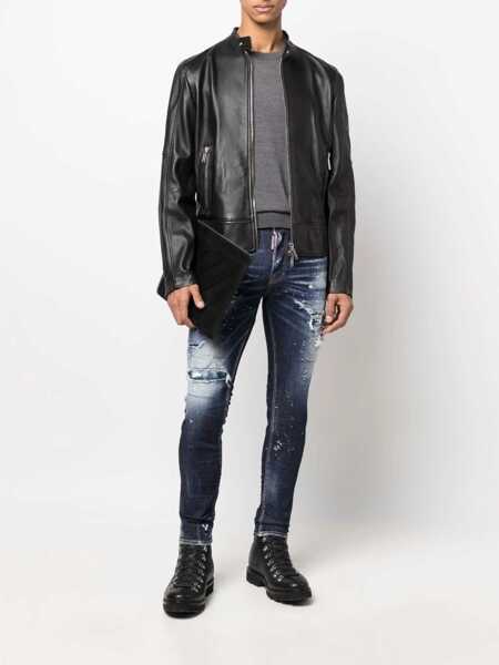 Geci biker DSQUARED2 Black Biker Jacket With Mandarin Collar And Waist Straps In Leather Man Black Barbati (BM 10542815) 2