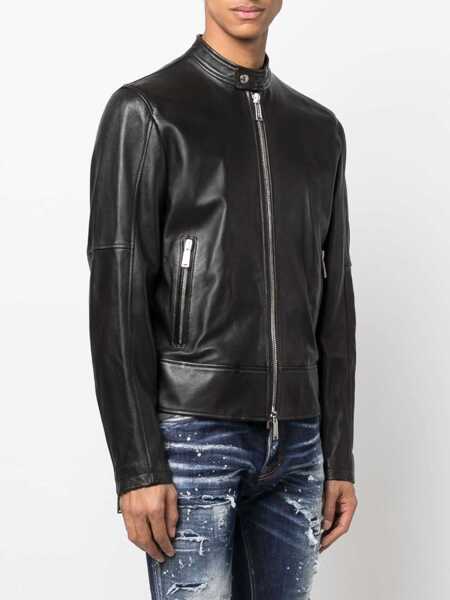 Geci biker DSQUARED2 Black Biker Jacket With Mandarin Collar And Waist Straps In Leather Man Black Barbati (BM 10542815) 3