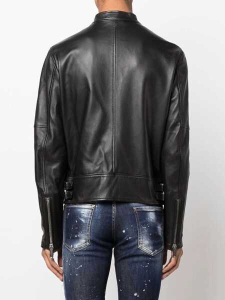 Geci biker DSQUARED2 Black Biker Jacket With Mandarin Collar And Waist Straps In Leather Man Black Barbati (BM 10542815) 4