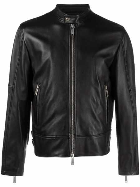 Geci biker DSQUARED2 Black Biker Jacket With Mandarin Collar And Waist Straps In Leather Man Black Barbati (BM 10542815) 1