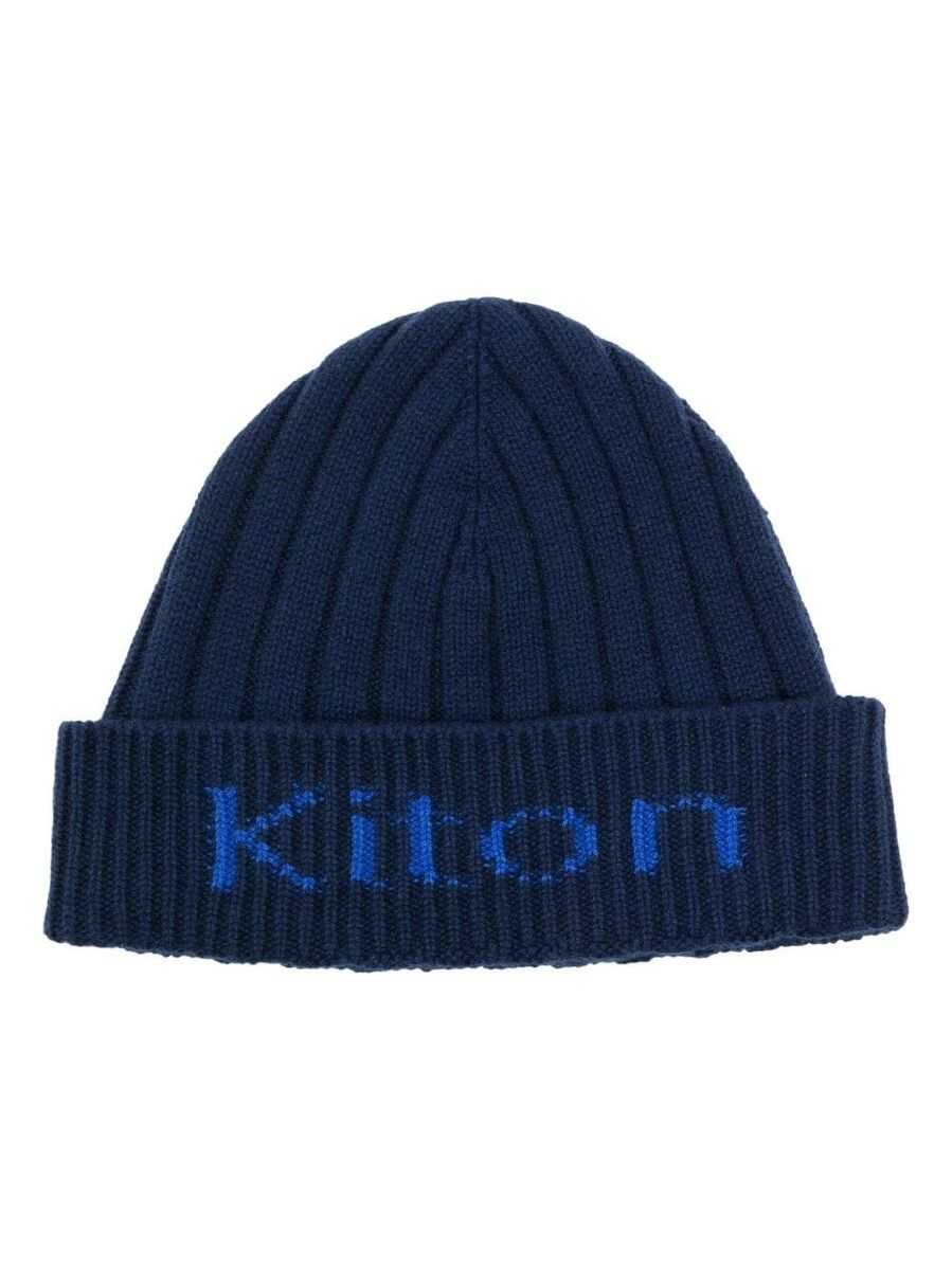 KITON KITON Dark Ribbed Beanie With Logo On Turn-Up BLUE