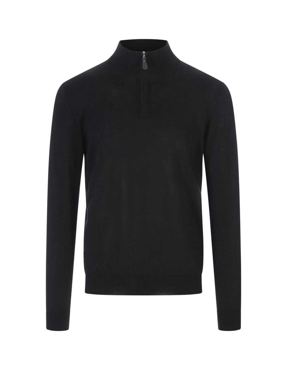 Fedeli FEDELI Dark Half-Zip Favonio Pullover In Dark Grey Silk and Cashmere Blue