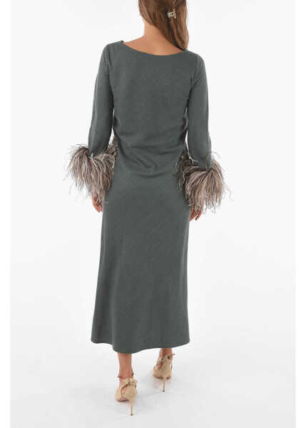 Rochii lungi STEPHAN JANSON Silk Maxi Dress With Feathers On Bottom Sleeves Gray Femei (BM 10578368) 2
