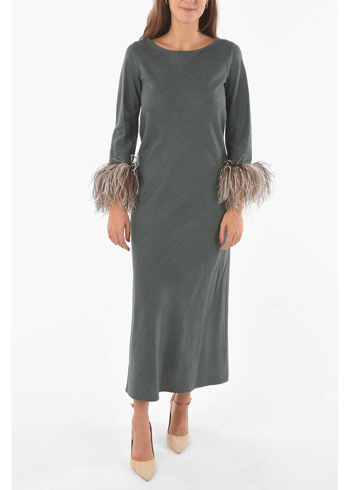 STEPHAN JANSON Silk Maxi Dress With Feathers On Bottom Sleeves Gray