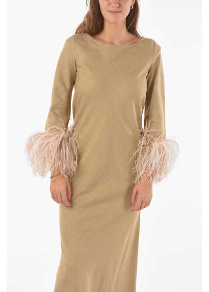 Rochii lungi STEPHAN JANSON Silk Maxi Dress With Feathers On Bottom Sleeves Beige Femei (BM 10578371) 4