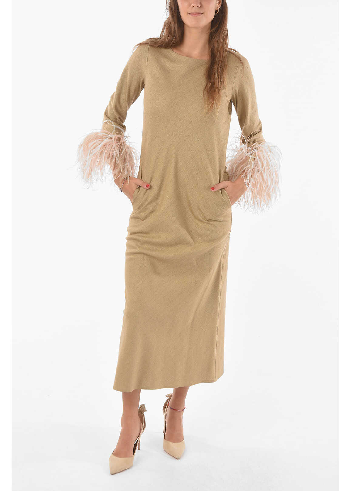 STEPHAN JANSON Silk Maxi Dress With Feathers On Bottom Sleeves Beige