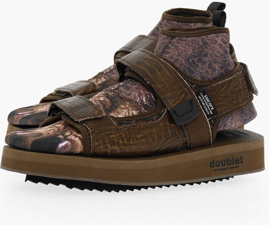 DOUBLET Suicoke Printed Leather Sandals With Removable Sock Brown