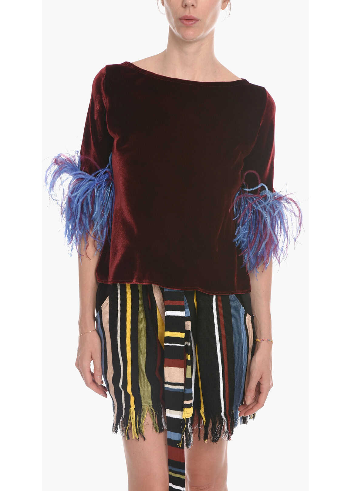 STEPHAN JANSON Velour T-Shirt With 3/4 Sleeves And Feathers Detail Red