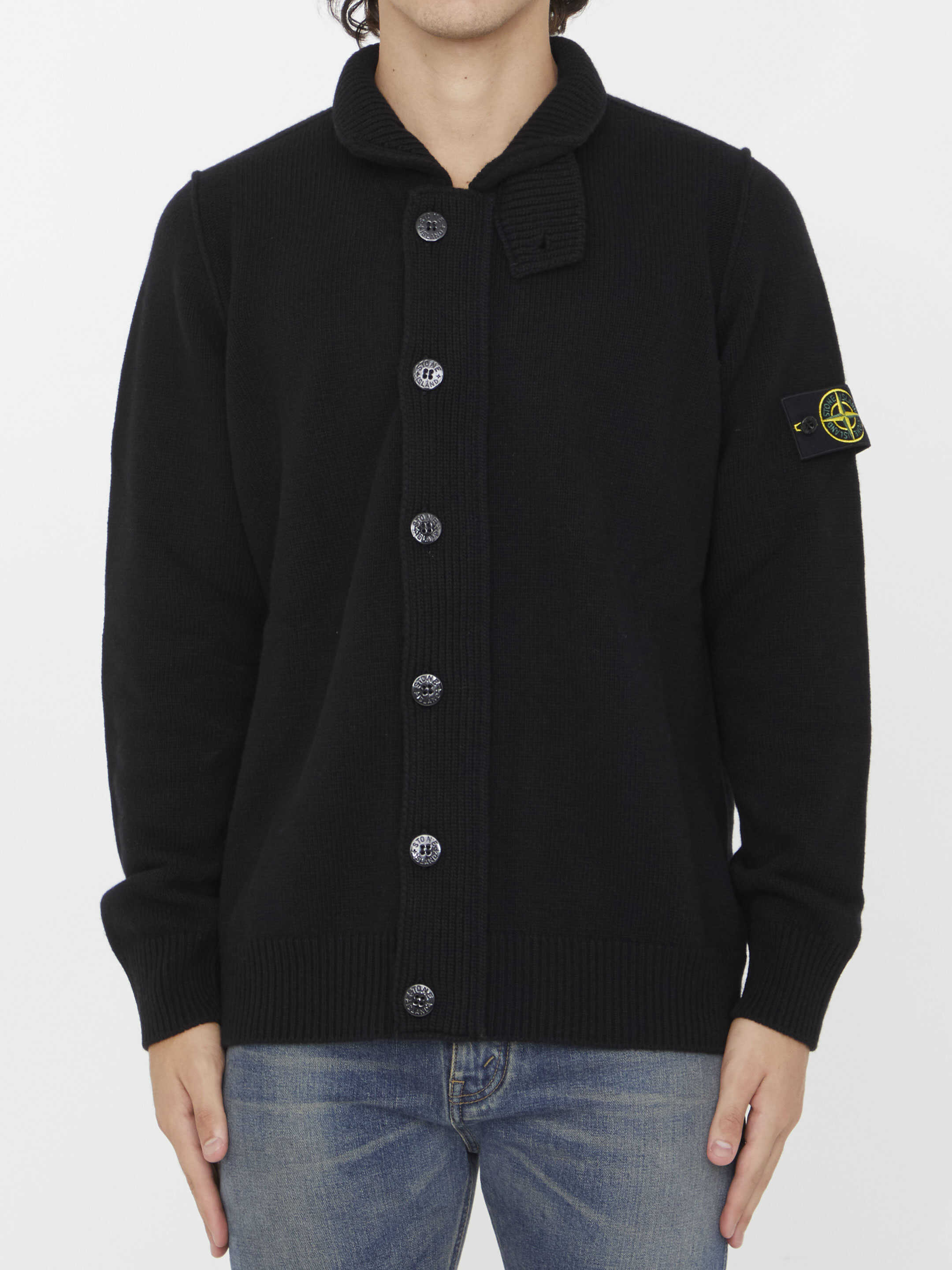 Stone Island Logo-Patch Button-Up Cardigan BLACK