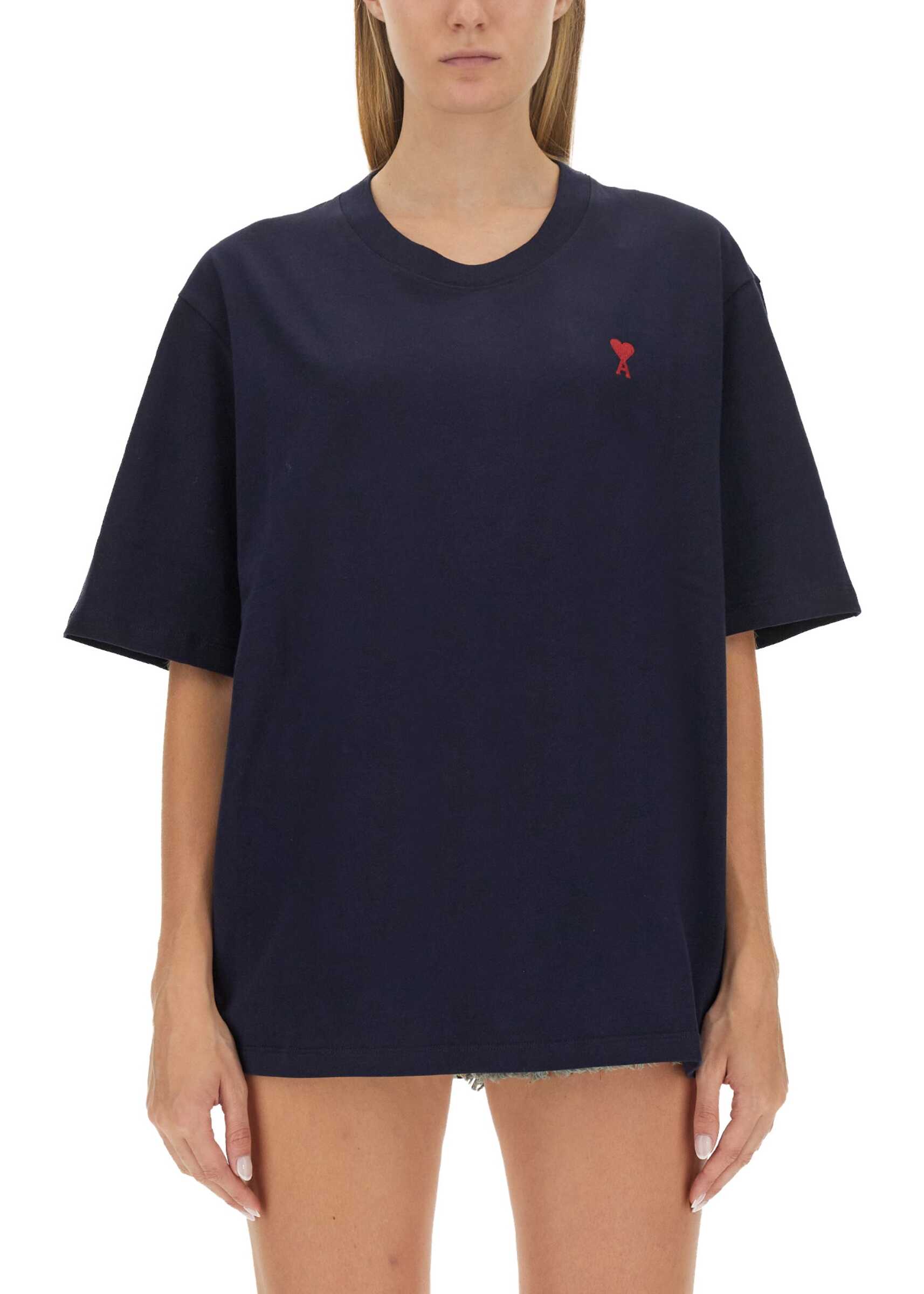 AMI Paris T-Shirt With Logo Embroidery BLUE