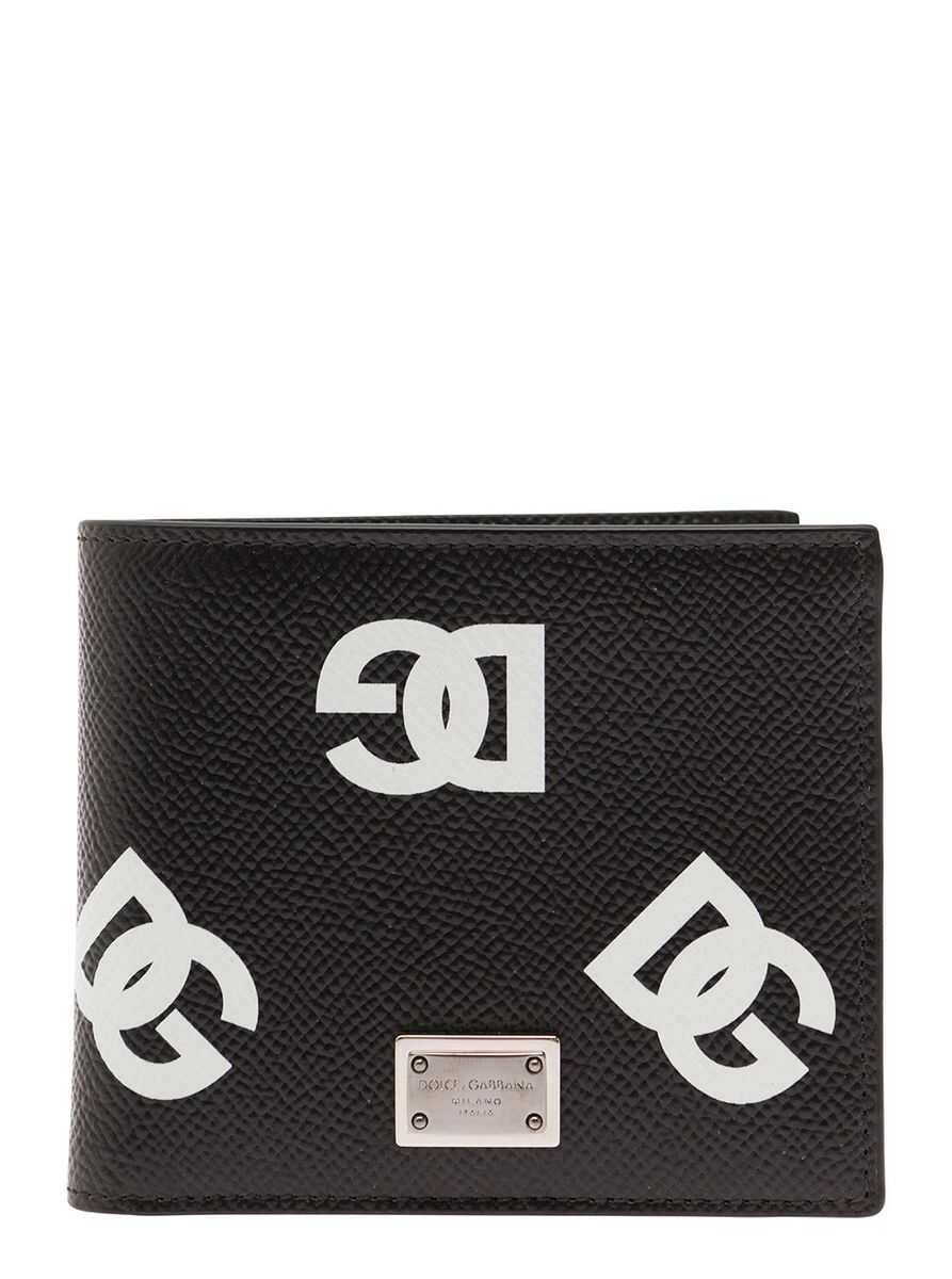 Dolce & Gabbana Black Bi-Fold Wallet with All-Over DG Logo Print in Grainy Leather Man BLACK