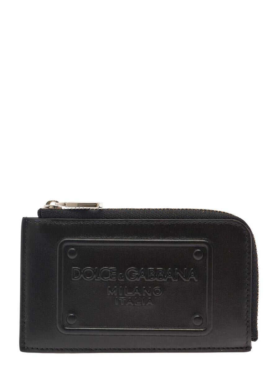 Dolce & Gabbana Black Card-Holder with Tonal Logo Plaque in Smooth Leather Man BLACK