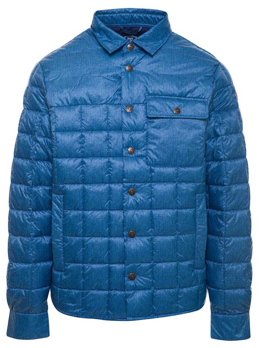 Save the Duck Blue Quilted Down Jacket with Logo Patch in Denim Printed Nylon Man Blu