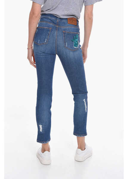 Blugi skinny Ermanno Scervino Distressed Slim-Fit Denims With Velour Appliqu 15Cm Blue Femei (BM 10664360) 2