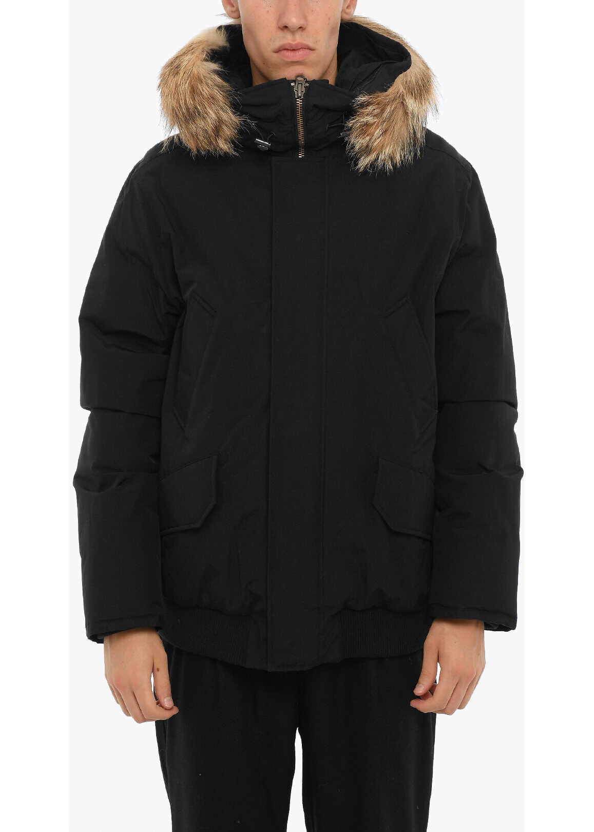 Woolrich Cotton And Nylon Northern Down Jacket With Real Fur On The H Black