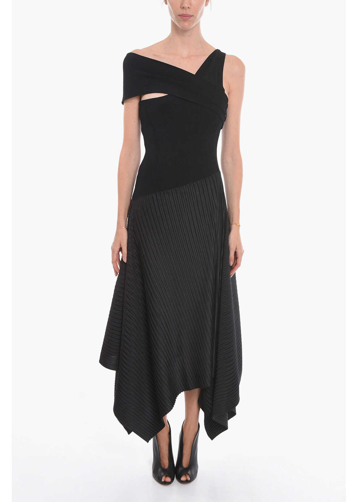 AZ FACTORY Pleated Asymmetric Long Dress Black