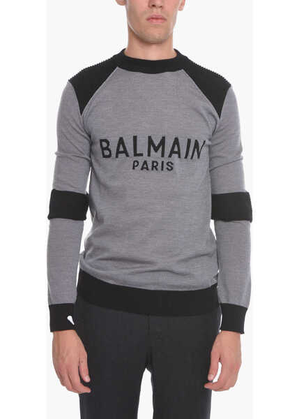 Pulovere Balmain Crew Neck Virgin Wool Sweater With Ribbed Details Gray Barbati (BM 10666325) 1