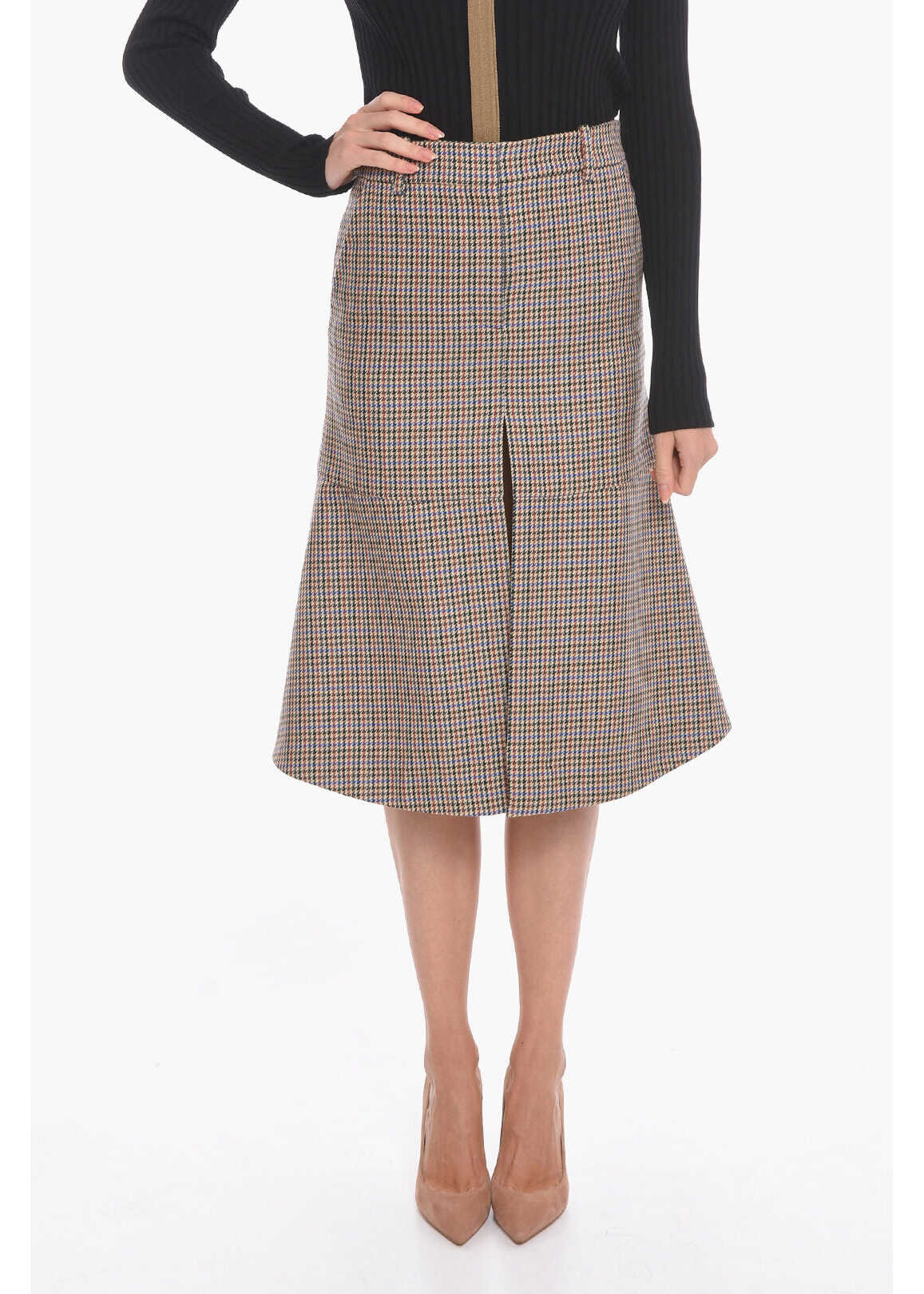 Stella McCartney Wool Flared Skirt With Multicolored Pied De Poule Pattern Beige